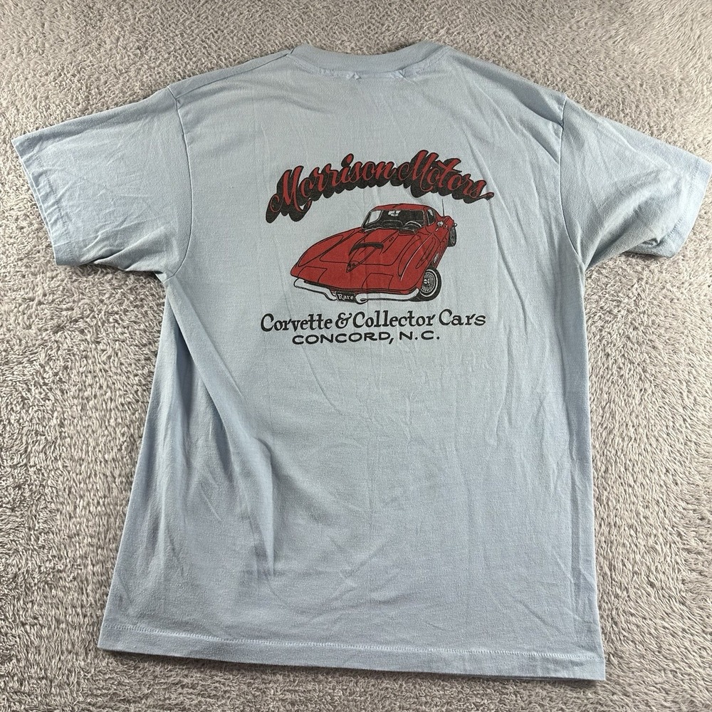 VINTAGE Corvette Cars Shirt Mens Large Blue White Paper Thin Thrashed Rockabilly
